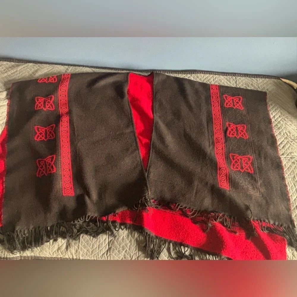 Red & Black Poncho Like Shawl. Reversible. Star dragon print.